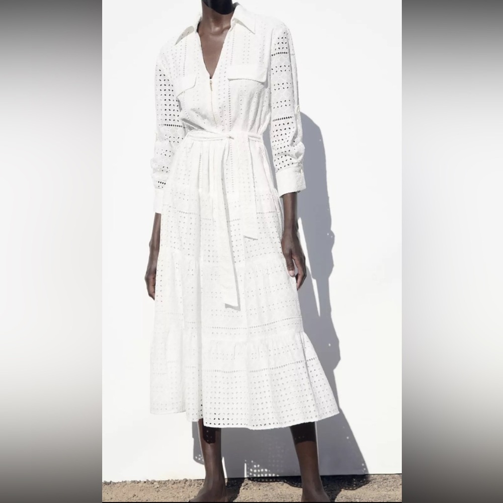 Brand NWT Zara White Eyelet Belted Midi Dress - Size Small ($99 Original Price)